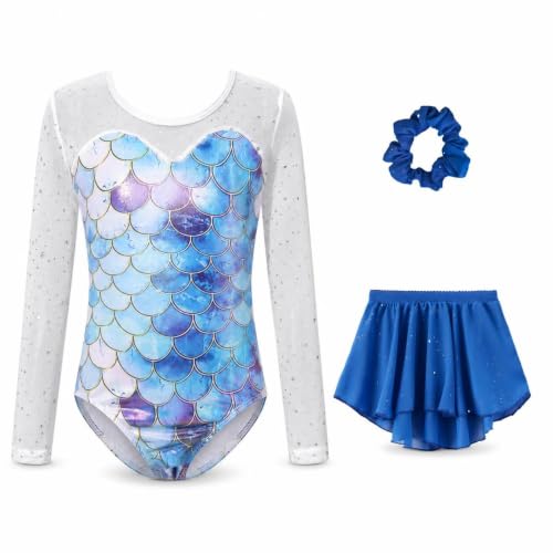 KAIYUEMAOYI Justaucorps Gymnastique Fille 3 Pièces avec Paillettes, Manches Longues – Tenue Danse pour Enfants, 5-6Y(120)