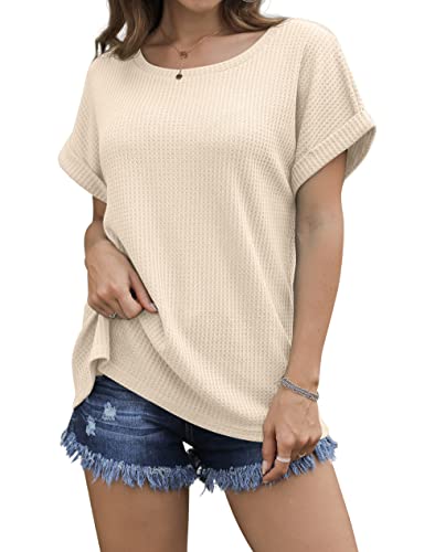 Iwollence Women Waffle Knit Casual T Shirt Summer Short Sleeve Loose Blouse Oatmeal Medium #TOP30