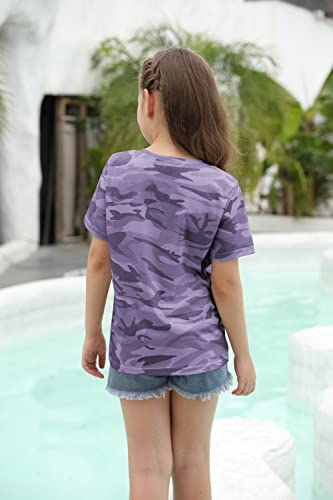 Image of Girls Camouflage Stripe Short Sleeve Shirts V Neck Criss Cross Tees Sweat Kids Casual Sport Tops Blouse(4-15T)