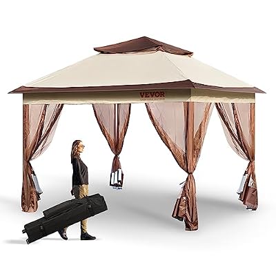 VEVOR Pop up Gazebo for 8-10 Person, with Mosquito Netting, Metal Frame, and PU Coated 250D Oxford Cloth, Outdoor Canopy Shelter for Patio, Backyard, Lawn, Garden, Deck, 11 x 11 FT, Brown