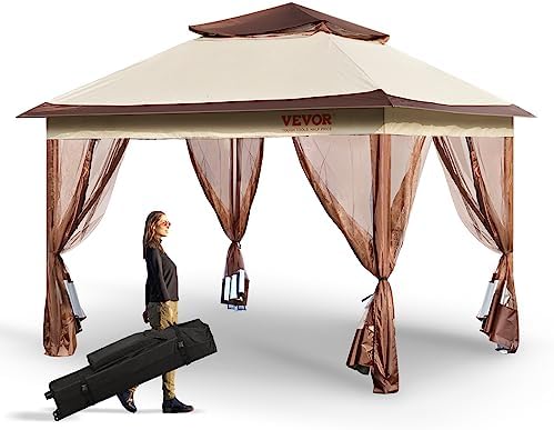 VEVOR Pop up Gazebo for 8-10 Person, with Mosquito Netting, Metal Frame, and PU Coated 250D Oxford Cloth, Outdoor Canopy Shelter for Patio, Backyard, Lawn, Garden, Deck, 11 x 11 FT, Brown