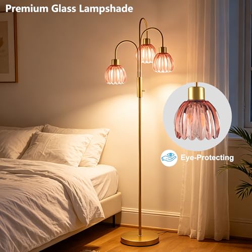 Image of 3-Light Glass Floor Lamp, 70 inch Gold Dimmable Standing Tall Lamp with Deep Red Glass Shades &3PCS 3000K Warm White Bulbs for Wedding /Party, Modern Tree Pole Lamp for Living Room Bedroom Home Decor