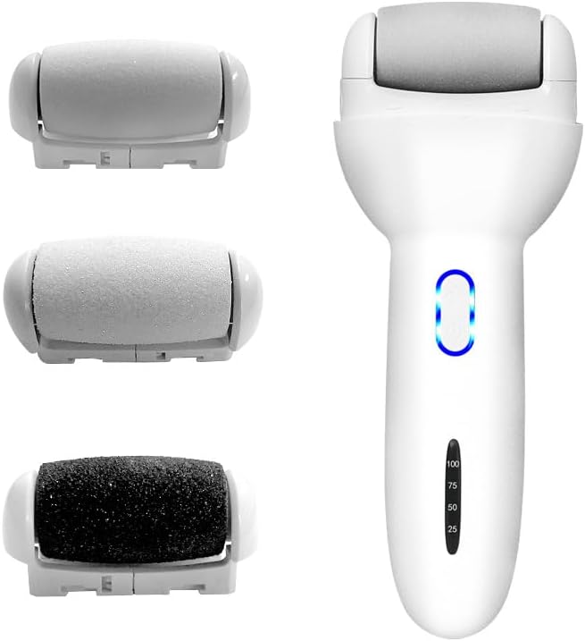 Electric Foot Callus Remover, Rechargeable Pedicure Tool with 3 Quartz Rollers, 3-Speed LED Light, IPX6 Waterproof, Type-C Fast Charge, 4 h Runtime, Cracked Heels & Dead Skin Remover for Women Men