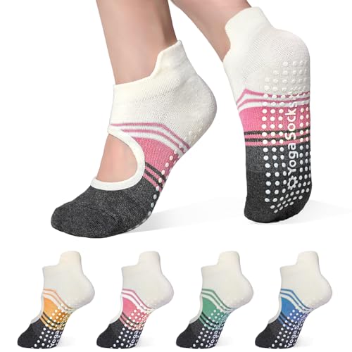 GEPAPE 4 Pairs Non-Slip Grip Yoga Pilates Socks for Women - Athletic Socks for Ballet, Barefoot Workout, Anti-Skid