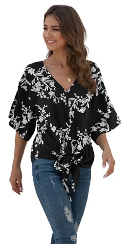 VIISHOW Womens Tie Front Chiffon Blouses V Neck Batwing Short Sleeve Summer Floral Tops Shirts3