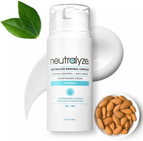 Neutralyze Renewal Complex Moisturizer for Acne Prone Skin - Time Released, Medical Grade 2% Mandelic Acid & Salicylic Acid Moisturizer Cream - Acne Moisturizer Cream for Face & Acne Lotion (90+ Day)