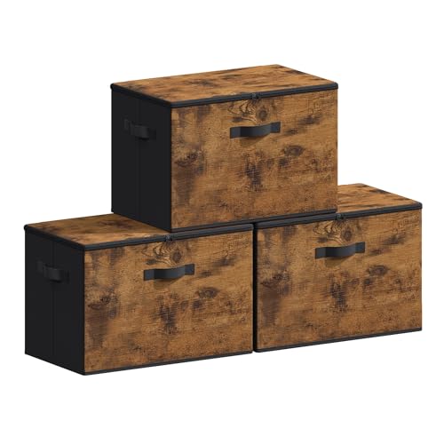SONGMICS Cajas de Almacenamiento Plegables, Juego de 3 Organizadores en Cajas con Tapas y Asas, para Ropa, 50 x 30 x 30 cm, Tejido de Tela No Tejida, Marrón Rústico RYZ050BH02
