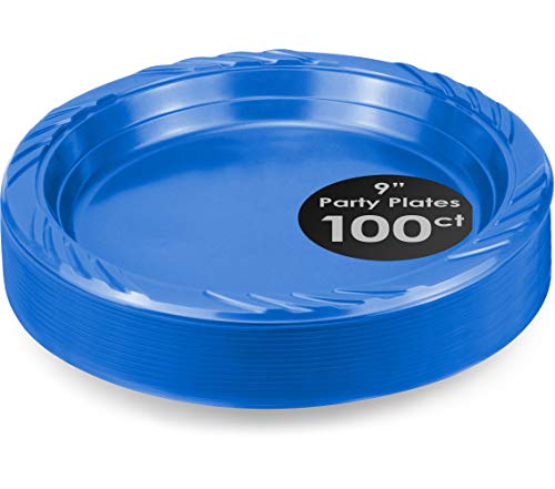 DecorRack 100 Plastic Party Plates, Heavy Duty 9 inch Disposable, Blue