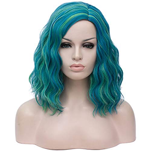 Aicos Green mix Blue Fashion Curly Head Wrap Wigs Heat Resistant Daily Dress Carnival Party Masquerade Anime Cosplay Wig +Wig Cap