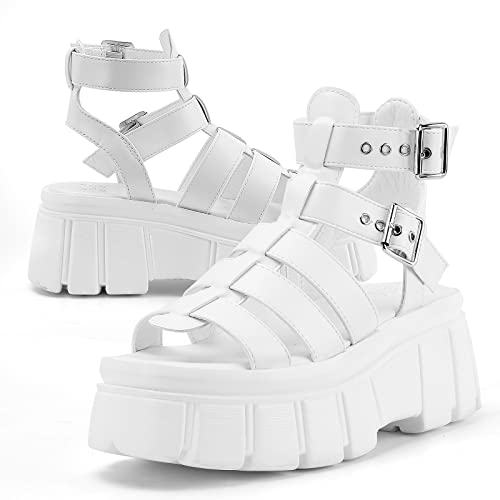 Keiiyj Women's Platform Gladiator Sandals Chunky Open Toe Multi Buckle Ankle Fax Leather Goth Sandals Strap Block Heel Fashion Summer (Lilu5-White-07) #TOP3