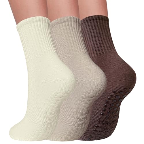 Image of 3 Pairs Pilates Socks with Grips for Women Non Slip Grip Socks for Yoga Barre Hospital Workout