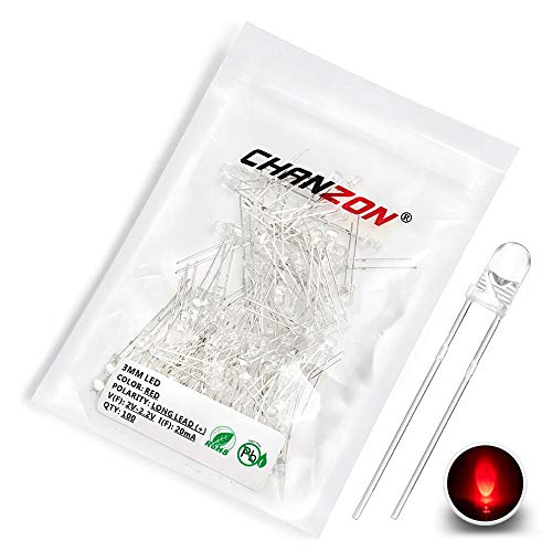 CHANZON 100 pcs 3mm Red LED Diode Lights (Clear Round Transparent DC 2V 20mA) Bright Lighting Bulb Lamps Electronics Components Indicator Light Emitting Diodes