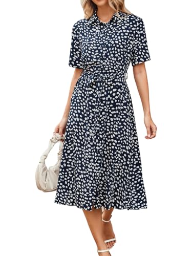 Image of BROVAVE Women's 2026 Summer Short Sleeve Work Dresses Tie Waist Button Down Animals Print Midi A-Line Shirt Dress