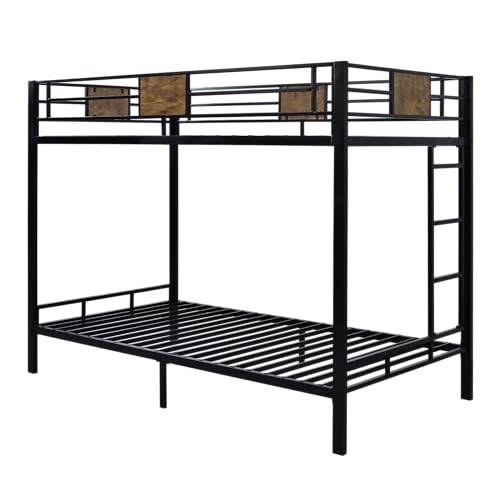 Image of Allewie Twin Over Twin Bunk Bed with Rustic Wooden Accents,Black