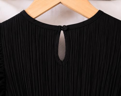 Image of Girls Dress Flutter Sleeve Round Neck Crinkle Pleated Fit & Flare Frock Satin Waist Bow Ruffle Hem Knee Length Birthday Party (2-14Y)