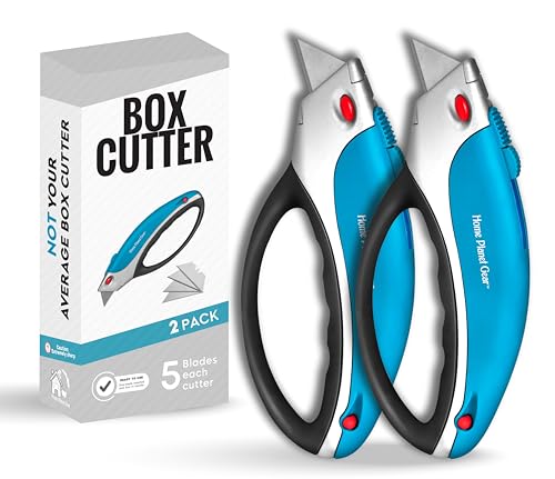 Box Cutter Retractable Utility Knife - Two Pack Heavy Duty Box Cutter Knife Cardboard Cutter - Box Opener Razor Knife - Box Knife Carpet Cutter with 5 Sharp Utility Blades (Blue 2 Pack)