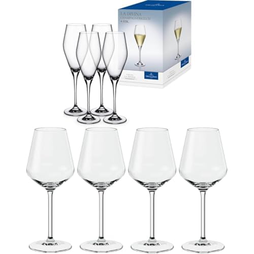 Villeroy & Boch Bundle of La Divina Champagnerkelch Set 4 Teilig, La Divina Weißweinkelch Set 4 teilig, Spülmaschinenfest, Weißweingläser, Außergewöhnliche Gläser, Kristallglas