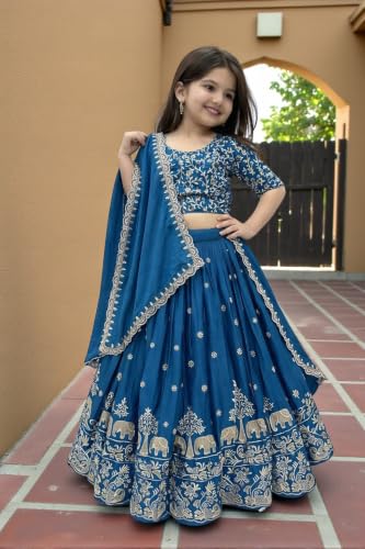 Image of Kids Chiffon Lehenga Choli, Embroidered Elephant and Floral Print, Festive Ethnic Wear with Dupatta