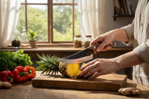 Image of Professional Japanese Chef Knife with Hammered Damascus Steel Blade, Wooden Handle, Premium Kitchen Cutlery, Leather Sheath Included (Wooden Handle)