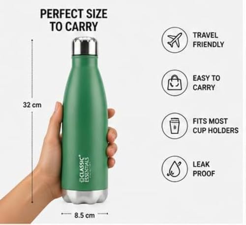 Image of Classic Essentials Insulated Double Wall Stainless Steel Water Bottle 500 ML | 12 Hours Hot & 24 Hours Cold | Vacuum Insulated, Leakproof Bottle for Home, Office, Gym & Travel (Light Green)
