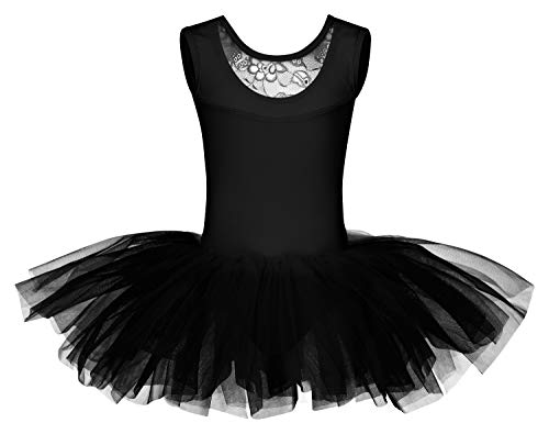 tanzmuster ® Tutu de Danse Fille -Lottie- avec Dentelle - Danse Classique, Noir, 140/146 (11-12 Ans)