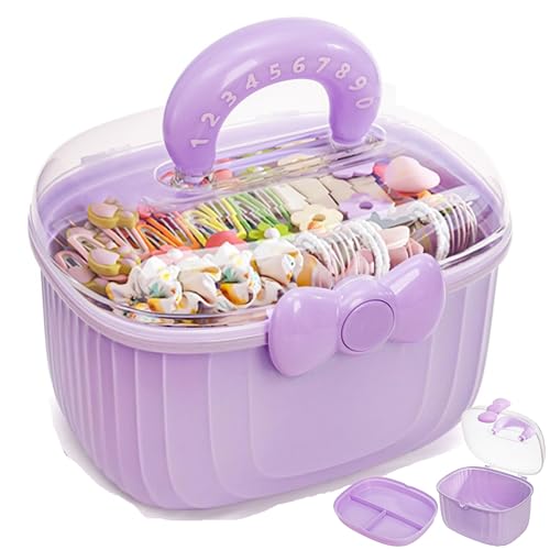 Image of Noamus 10 inch Multipurpose Storage Box with Removable Tray, 2 Layer Cute Hair Accessories Organizer, Clear Plastic Folding Craft Case for Headbands, Sewing, Clips Ties Supplies, Purple