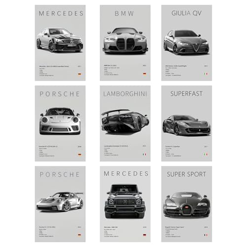 9 Stück Super Auto Poster, Supercar Posters, Schwarz Weiß Supersportwagen Wandbilder für Jungen und Männer, Rennwagen Leinwandbilder für Wohnzimmer, Wohnzimmer, Geschenk für Autoliebhaber, Jugendliche