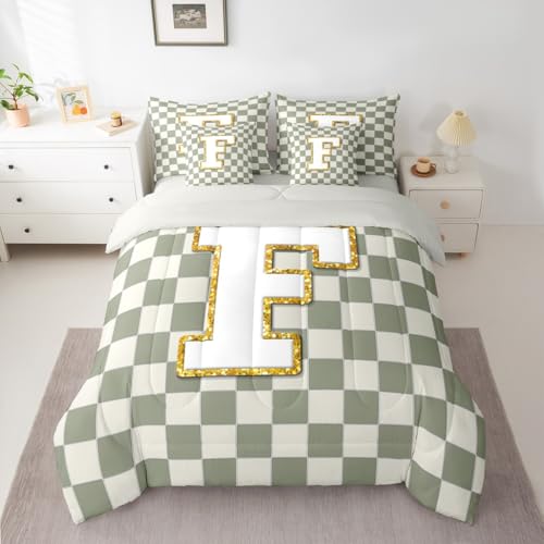 Image of Erosebridal Sage Green Checkered Full Bedding Set 7 Piece Plaid Initial F Bed in A Bag with Sheets Personalized Monogram Comforter Set for Kids Adults,Fashion Grids Gingham Bed Sets