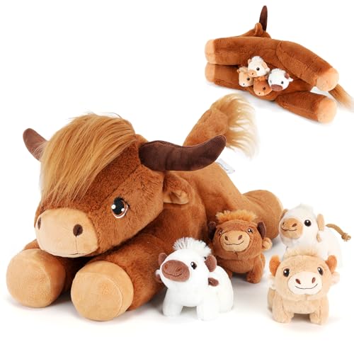 Image of gnomantic Highland Cow Stuffed Animals with Babies, Mommy Toy for Kids | 5-Piece set: 1 mommy highland cow + 4 surprise babies inside. Unzip belly to reveal babies. Ultra-soft, safe for ages 3-8.