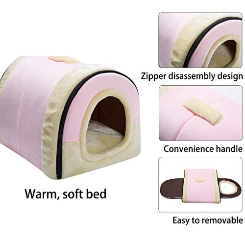 Hollypet Crystal Velvet Cat Bed, Self-Warming 2 in 1 Foldable Cave House Shape Nest Pet Sleeping Bed for Cats, Pink by Hollypet - Image 5