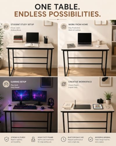 Image of Portable Wood & Metal Computer Desk | Modern Writing Table | Stylish Multipurpose Study Table Best for Home, School, Office Work & More | Ideal for Kids & Adults