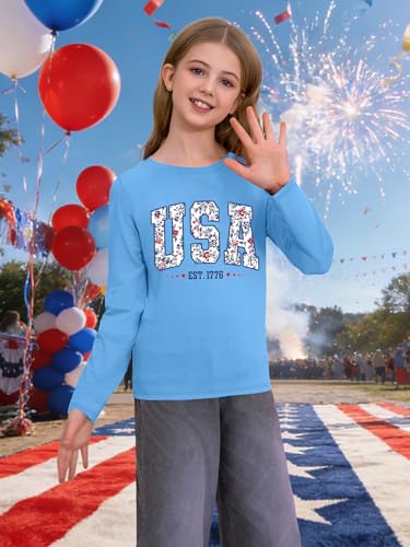 Image of Ithalt 4th of July Outfit Kids Girls American T Shirt USA T-Shirt Fourth of July Tops Patriotic Long Sleeve Tops