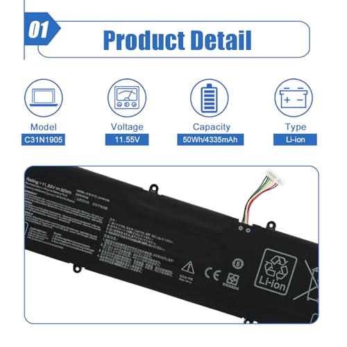 Image of 50Wh C31N1905 C31N1905-1 Laptop Battery (Long Cable) Replace for VivoBook S13 S333 S333JA S333JP S333JQ S333EA S14 S433IA M433 M433IA S433FA S433FL S15 D533 D533IA M533 M533IA Series 4335mAh