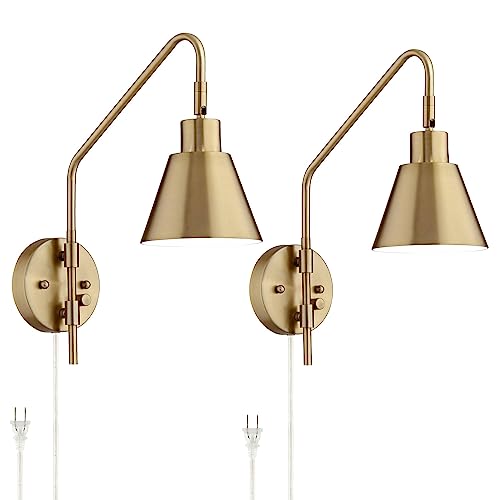 Image of 360 Lighting Marybel Modern Adjustable Swing Arm Wall Lamps Set of 2 Brass Gold Plug-in Light Fixture Tapered Cone Metal Shade for Bedroom Bedside House Reading Living Room Home Hallway