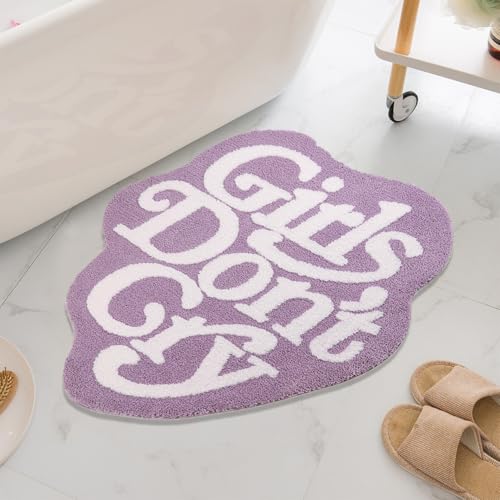 PRELETOCH Girls Don't Cry Bath Rug Cute Pink Bath Mat Non Slip Absorbent Bathroom Floor Mat Soft Plush Washable Microfiber Shower Bath Rug Funny Decor for Bedroom Living Room, 3 x 3.3FT (Purple)