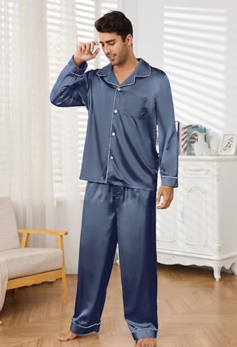 Image of U2SKIIN Mens Silk Pajamas Set, Long Sleeve Satin Pajamas for Men Sleepwear Button Down Pjs Set Two-piece
