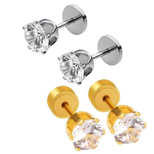 Stainless Steel Crystal Stud Earrings Set, Gold and Silver, Men's Diamond Look Design, 2 Pairs Pack