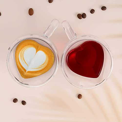 Image of ANKUL Heart Shaped Transparent Double Walled Insulated Glass Pack Of 2 Coffee Mugs Or Tea Cups With Unique Handle (Heart Cup, 2), 250 ml