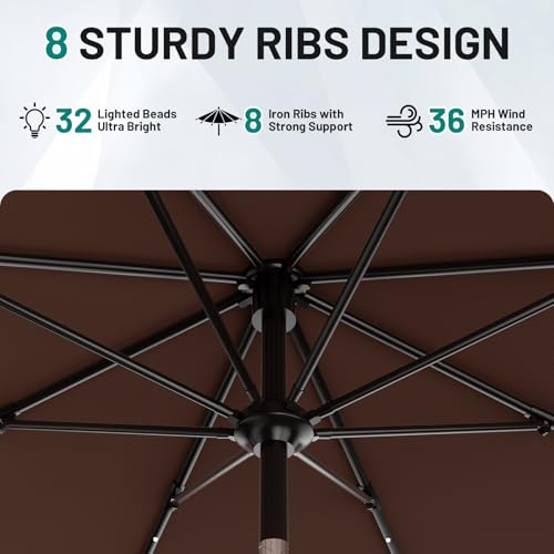 Image of AreShark 9FT Patio Umbrella with Solar Lights, 32 Lighted Pool Umbrella w /Tilt and Crank, Outdoor Table Solar Umbrellas for Garden, Deck, Backyard, Pool and Beach, Light Brown