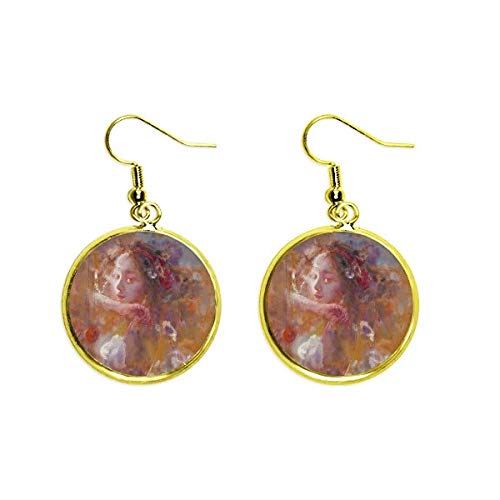 Pendientes largos de pintura al óleo naranja con gota dorada para mujer