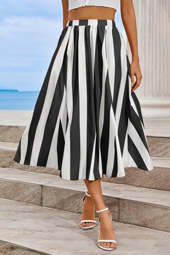 Image of Cicy Bell Womens Summer Striped Maxi Skirts A-Line Beach Vacation Outfits | Elastic Waist, Side Pockets, Flowy, Midi Length, Color Contrast, Trendy Casual