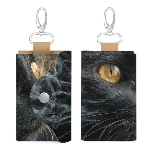 Black Cat with Golden Eyes Key Holder Bag PU Leather ID Card Holder Keychains Case Cover for Men Women3