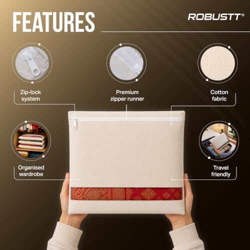 Image of Robustt Cotton Saree Cover for storage | set of 12| saree organiser for wardrobe | With 250 GSM Durable Saree Storage Bags with Zip cover & Clear Window design | Organizer for Ethnic Wear- Beige
