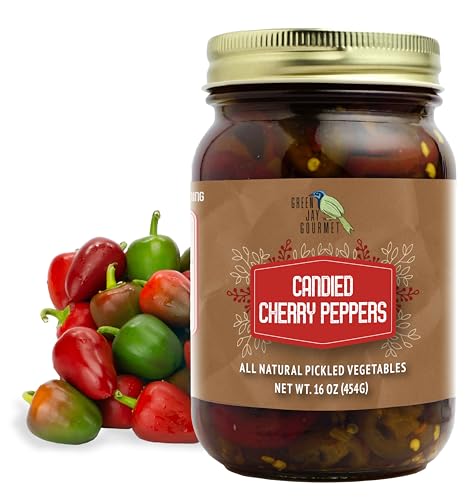 Green Jay Gourmet Pickled Candied Cherry Peppers in a Jar - Fresh Hand Jarred Vegetables for Cooking &amp; Pantry – Pre-Prepared Pickled Cherry Peppers – Simple Natural Ingredients - 16 Ounces