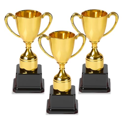 Playbees Fun Gold Plastic Trophies - 3 Pack - 7 Inch - Award Trophy Cup Set for Superstar Kids - Champion Celebrations, Sports Galore, and Victory Vibes - Desktop Toy