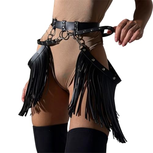 haozaikeji Women Leather Tassel Waist Belt Gothic Fringe Belt Long Tassel Punk Skirt Waist Belt for Club Party Dance Costume