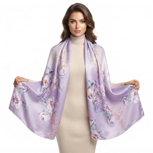 Image of Floral Printed Silk stole | silk Scarf for Women | stylish silk stole for women | Soft Lightweight Stole, Shawl & Neck Wrap | Scarf for Wedding, Party, Travel & Casual Wear