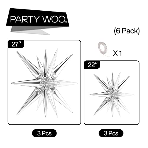 Image of PartyWoo Metallic Silver Star Spike Foil Helium Balloons 6pcs (Pack of 2)