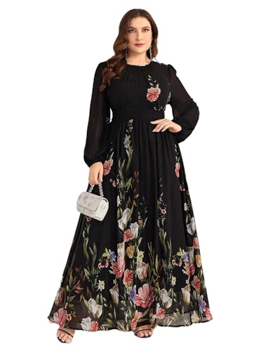 Image of Spring Summer 2024 Plus Size Womens Dresses V Neck Casual Elegant Long Sleeve Floral Print Maxi Dress
