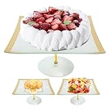 Square Cake Stand – 13-Inch Tempered Glass Cake Holder with Gold Trim, Chip-Resistant, Durable & Dishwasher Safe, Dessert Stand for Parties, 6-Inch High